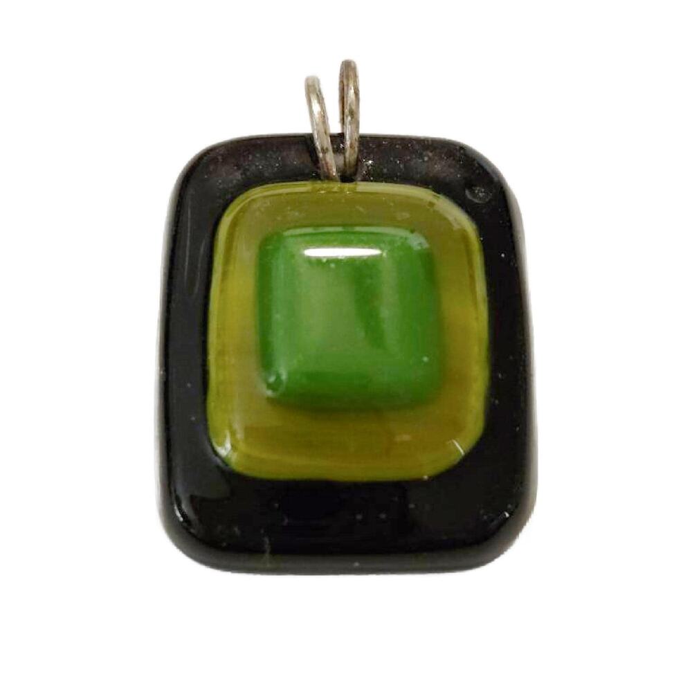 Vintage Black and Green Fused Glass Pendant, 1.25" Long